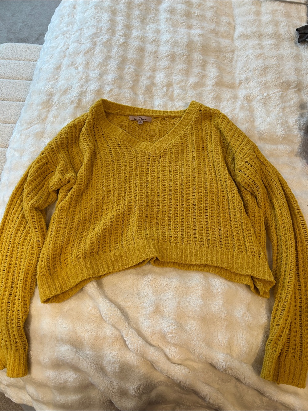 Love Tree Cropped Open-Knit V-Neck Sweater in Mustard Yellow